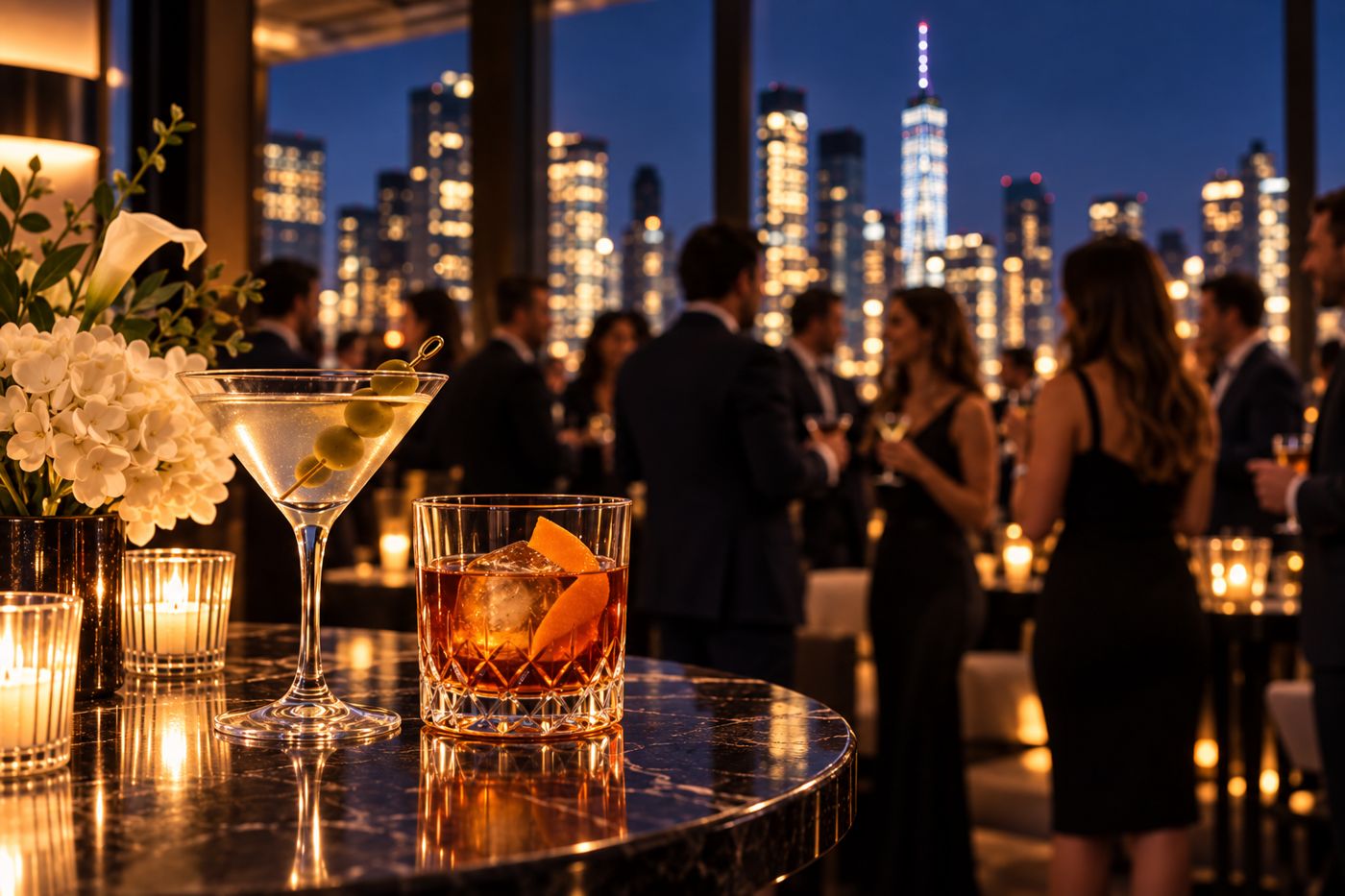 Rooftop cocktail reception with the Manhattan skyline at night